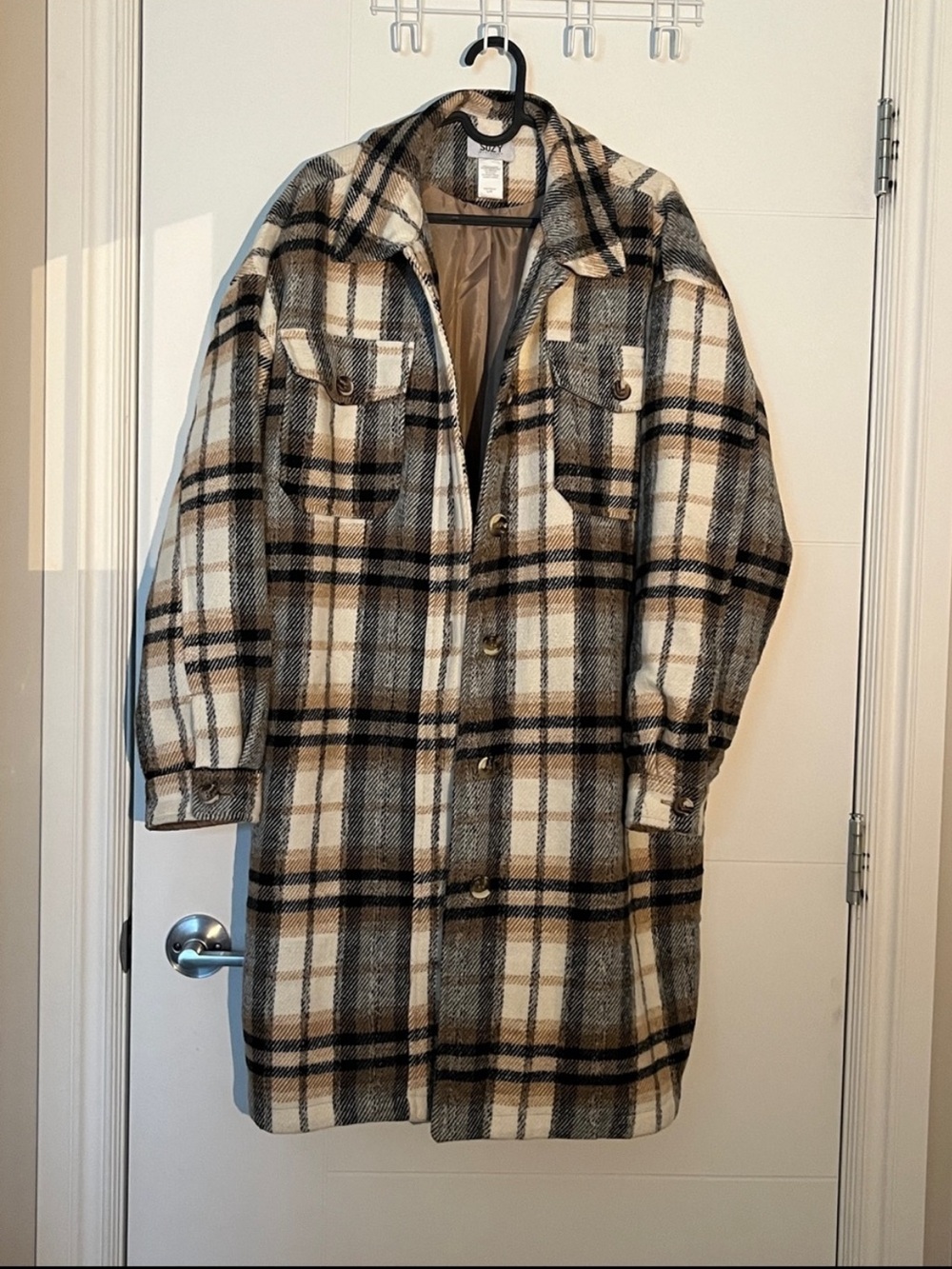 Suzy Shier Plaid Long Shacket Jacket - Cream, Brown & Black